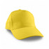 A yellow cap with a curved brim and structured crown, featuring a logo on the front.