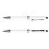 A metal pen with a sleek white body and chrome accents, featuring a smooth writing tip and a stylus for touchscreens.
