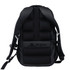 A black computer backpack with padded back and adjustable straps, featuring a logo on the front.