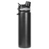 A drink bottle in matte black finish with a detachable lid and a textured grip band, featuring a logo.