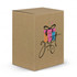 A gift box with a colourful design featuring a present and a decorative ribbon. The box is made of cardboard.