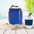 A blue picnic pack featuring a drink bottle, reusable cup, utensils, and a cool bag.