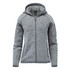 A grey full zip fleece hoody with a hood and a logo, featuring a textured fabric and side pockets.