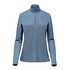 A women's 1/4 zip pullover in a soft blue colour, featuring long sleeves and a stand-up collar. It has a logo.