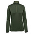 A women's pullover in dark green with a 1/4 zip and long sleeves, featuring a logo on the chest.