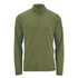 A men's 1/4 zip pullover in olive green with long sleeves and a zippered collar, featuring a logo.