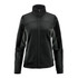 A women's black knit jacket with a high collar and zippered front, featuring contrasting panel details and pockets.
