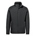 A black thermal jacket with a zip front and a stand-up collar, featuring a logo on the chest.