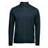 A long-sleeve polo in navy blue featuring a collar and three-button placket, with a logo on the hem.