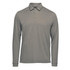 A men's long-sleeve polo in grey with a collar and three buttons, featuring a logo on the side.