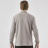 A long-sleeve grey polo shirt with a simple design and a logo on the back.