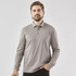 A long-sleeved grey men's polo shirt with a collar and buttons, featuring a logo.