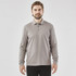 A long-sleeved grey polo shirt for men with a collar and a branding logo.