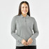 A long-sleeve, grey women's polo shirt with a collar and buttons, featuring a branding logo.