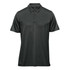 A dark grey short-sleeved polo shirt with a collar and three buttons, featuring a logo.