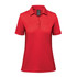 A red women's polo shirt with a collar and short sleeves, featuring a branding logo.