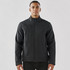 A men's softshell jacket in black, featuring a front zip and a branded logo on the chest.
