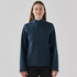 A women's softshell jacket in navy blue with a full zipper and side pockets, featuring a branded logo.