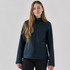 A navy softshell jacket for women with a zippered front and two side pockets. It features a branding logo.