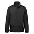 A black puffer jacket with a high collar and zip front, featuring a logo on the chest.