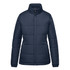 A navy blue women's thermal puffer jacket with a zip front and a high collar, featuring a logo.