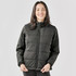 A black women's puffer jacket with a zip-up front and a classic design. It features a logo on the chest.