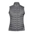 A grey women's thermal softshell vest with a zip front and a high collar, featuring quilted design and no sleeves.