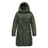 A women's puffer jacket in olive green with a hood, featuring a quilted design and a knee-length cut. 