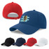 A collection of caps in red, blue, black, navy, and white, featuring a logo on the front of the blue cap.