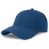 A blue cap made from recycled and organic cotton, featuring a solid design and a logo.