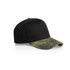 A two-tone camo cap featuring a black crown and a green camo brim, with a logo on the front.