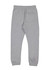 A pair of grey track pants featuring an elastic waistband and a back pocket. It has a logo on the fabric.