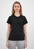 A black short sleeve tee for women, featuring a fitted design and paired with light grey pants. It has a logo.
