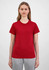 A women's short sleeve tee in red, showcased on a model with light brown hair, paired with grey bottoms.