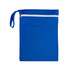 A blue drawstring bag with a zippered pocket at the top and a handle. It has a smooth texture.