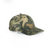 A camouflage cap in shades of green and brown, featuring a curved brim and a branding logo.