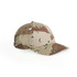 A camouflage cap in shades of brown and beige with stitching details and a branding logo on the side.