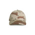 A beige camo cap with a patterned design featuring shades of brown and green. It has a logo on the front.