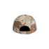 A camo cap featuring a blend of tan and green hues, with a strap adjustment at the back and a logo.