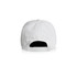 A white perforated cap featuring a structured back and an adjustable strap, with a logo present.