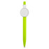 A bright green plastic pen with a circular white badge at the top and a black writing tip.