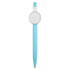 A turquoise plastic pen featuring a circular white button badge at the top. It includes a branding logo.