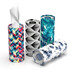 Four cylindrical containers of tissues featuring vibrant patterns, including geometric, floral, and leaf designs. Each has a logo.