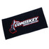 A black beach towel featuring a prominent logo for Comiskey Mining Services.