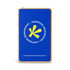 A bamboo power bank with a blue finish and a circular logo, featuring a yellow design inside.