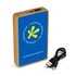 A blue Primo Power Bank with a bamboo edge and a USB cable. It features a logo on the front.