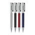 Four Geneva Metal Pens in grey, black, red, and blue, featuring sleek designs and a branding logo.
