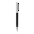 A metal pen with a black textured grip and chrome accents, featuring a clip for easy attachment.