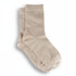 A pair of light beige ribbed socks with a soft texture, featuring a subtle design and a branded logo.