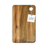 Acacia serving board with a natural wood finish and a round cut-out, featuring a tag and a logo.